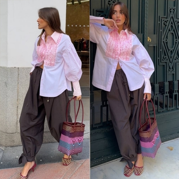 Zara Balloon Pants Bow Brown Size L - Picture 15 of 15